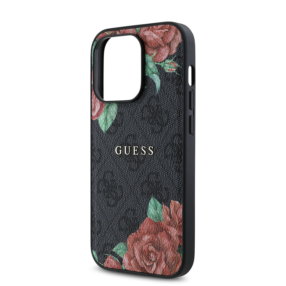 Apple iPhone 14 Pro Kılıf Guess Orjinal Lisanslı Magsafe Şarj Özellikli Gül Baskılı 4G Desenli Yazı Logolu Kapak Siyah