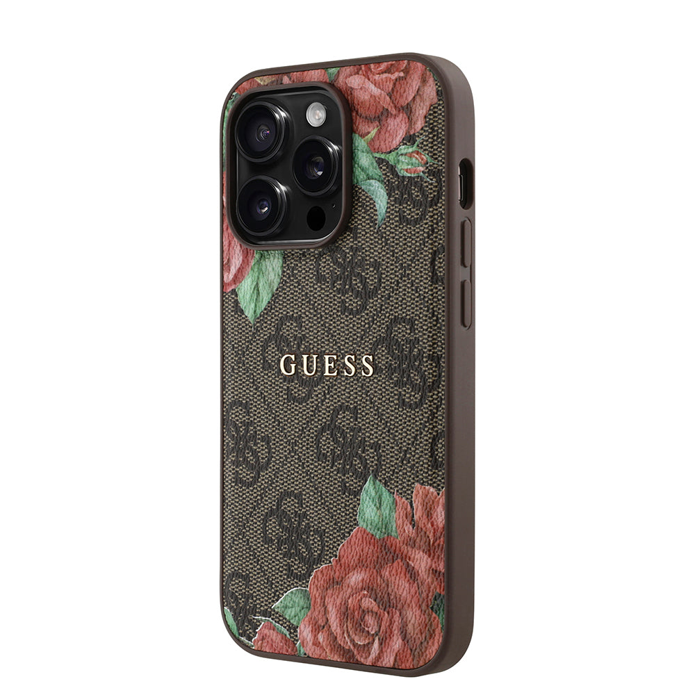 Apple iPhone 14 Pro Kılıf Guess Orjinal Lisanslı Magsafe Şarj Özellikli Gül Baskılı 4G Desenli Yazı Logolu Kapak Siyah