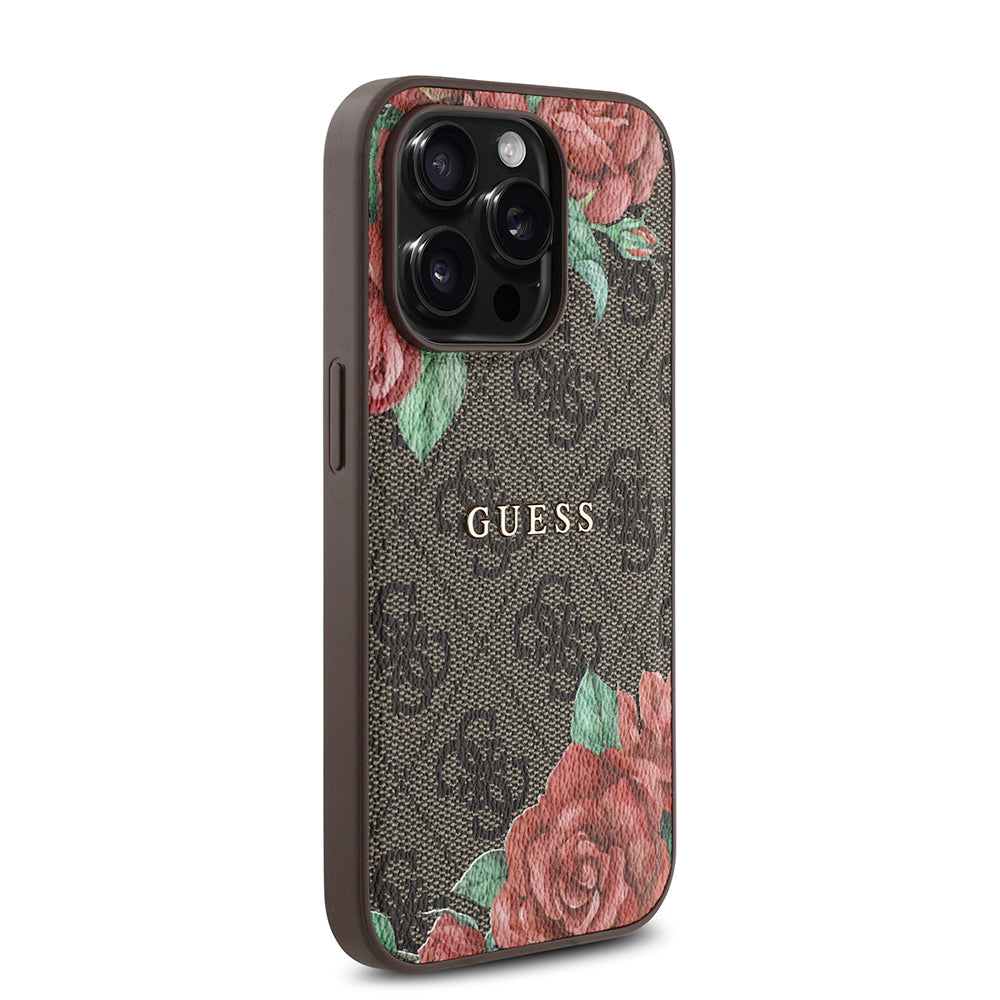 Apple iPhone 14 Pro Kılıf Guess Orjinal Lisanslı Magsafe Şarj Özellikli Gül Baskılı 4G Desenli Yazı Logolu Kapak Siyah