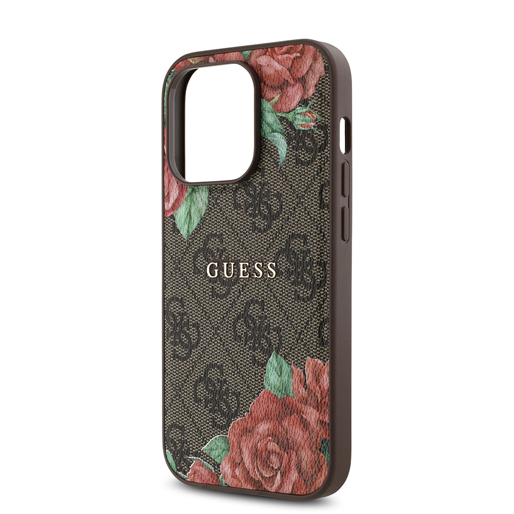 Apple iPhone 14 Pro Kılıf Guess Orjinal Lisanslı Magsafe Şarj Özellikli Gül Baskılı 4G Desenli Yazı Logolu Kapak Siyah