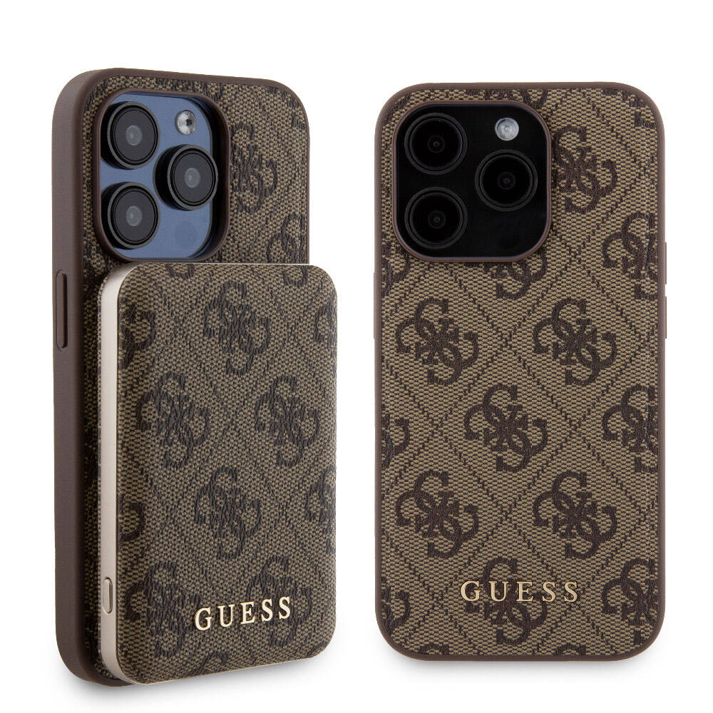 Apple iPhone 14 Pro Kılıf Guess Orjinal Lisanslı Magsafe Şarj Özellikli Yazı Logolu 4G Desenli Kapak + Powerbank 5000mAh 2in1 Set Kahverengi