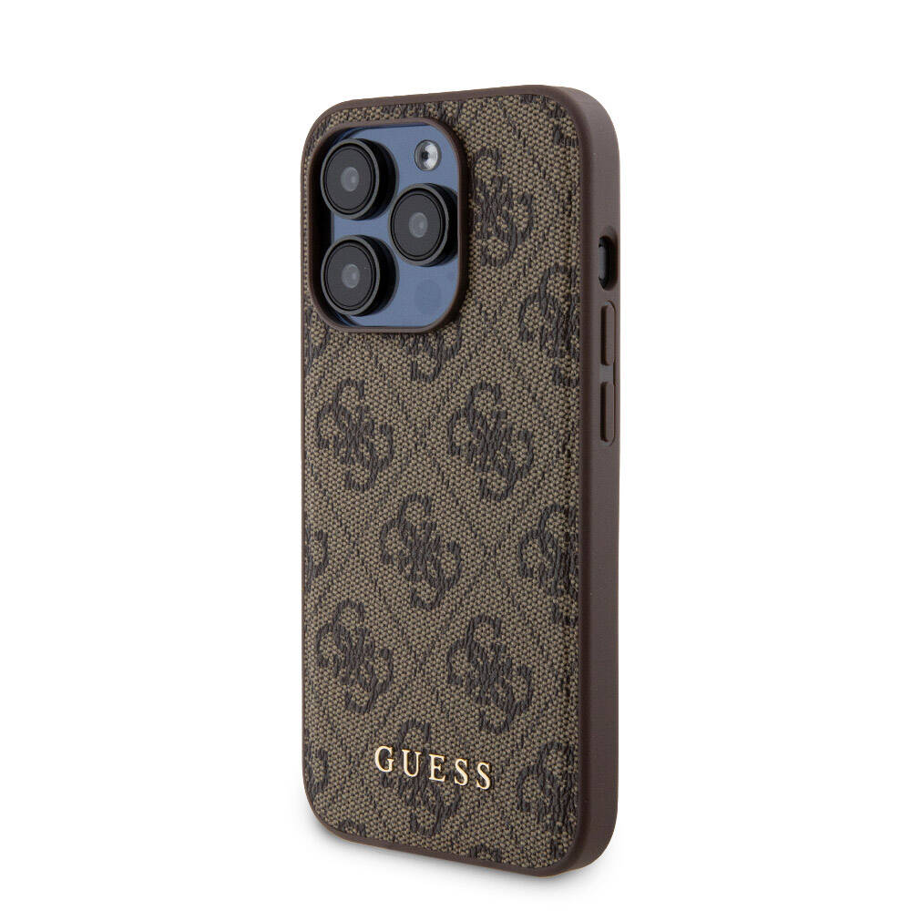 Apple iPhone 14 Pro Kılıf Guess Orjinal Lisanslı Magsafe Şarj Özellikli Yazı Logolu 4G Desenli Kapak + Powerbank 5000mAh 2in1 Set Kahverengi