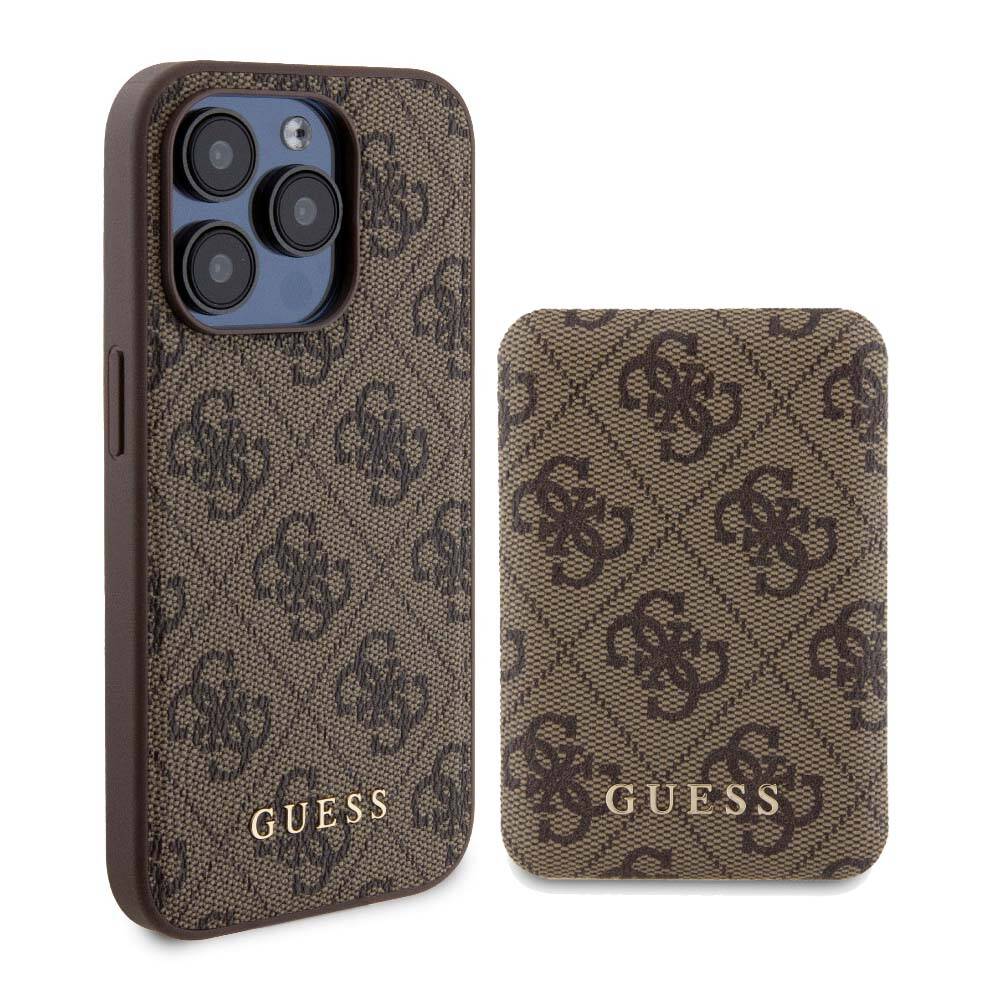 Apple iPhone 14 Pro Kılıf Guess Orjinal Lisanslı Magsafe Şarj Özellikli Yazı Logolu 4G Desenli Kapak + Powerbank 5000mAh 2in1 Set Kahverengi