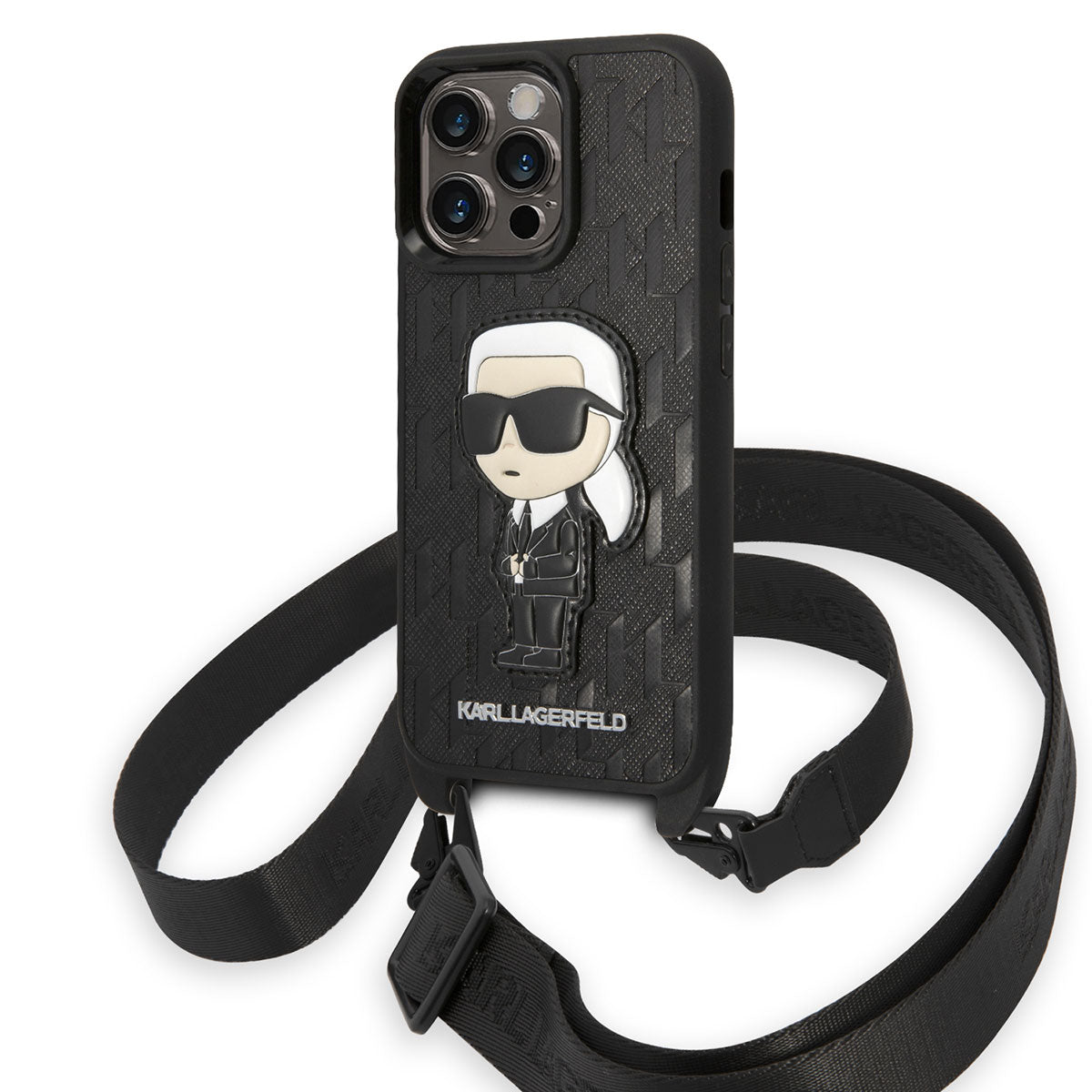 iPhone 14 Pro Kılıf Karl Lagerfeld Boyun Askılı Karl Dizayn Kılıf Siyah