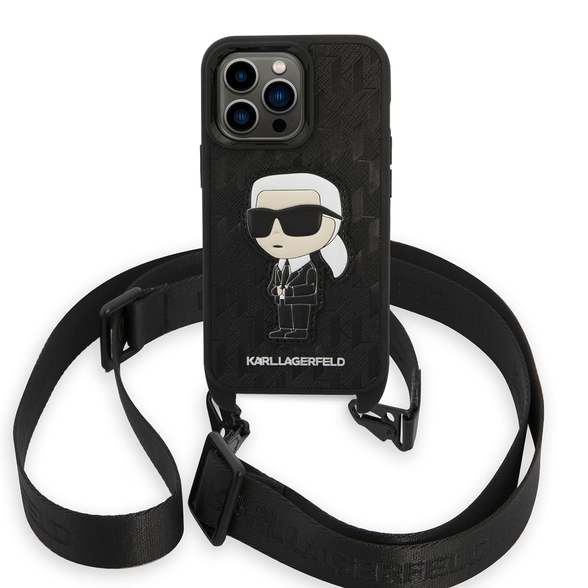 iPhone 14 Pro Kılıf Karl Lagerfeld Boyun Askılı Karl Dizayn Kılıf Siyah