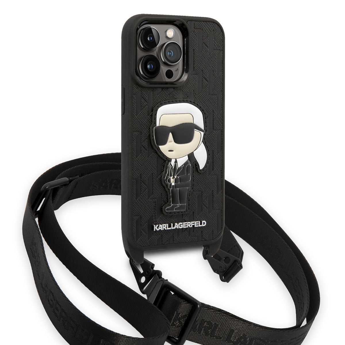 iPhone 14 Pro Kılıf Karl Lagerfeld Boyun Askılı Karl Dizayn Kılıf Siyah