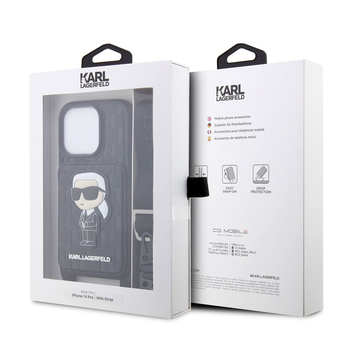 iPhone 14 Pro Kılıf Karl Lagerfeld Boyun Askılı Kartlıklı Karl Dizayn Kılıf Siyah