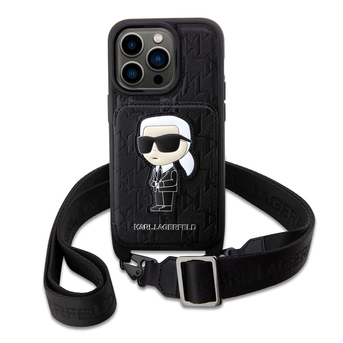 iPhone 14 Pro Kılıf Karl Lagerfeld Boyun Askılı Kartlıklı Karl Dizayn Kılıf Siyah