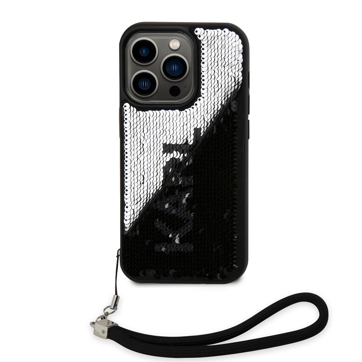 iPhone 14 Pro Kılıf Karl Lagerfeld El Askısı İpli Hareketli Pullu Dizayn Kılıf Siyah-Gümüş
