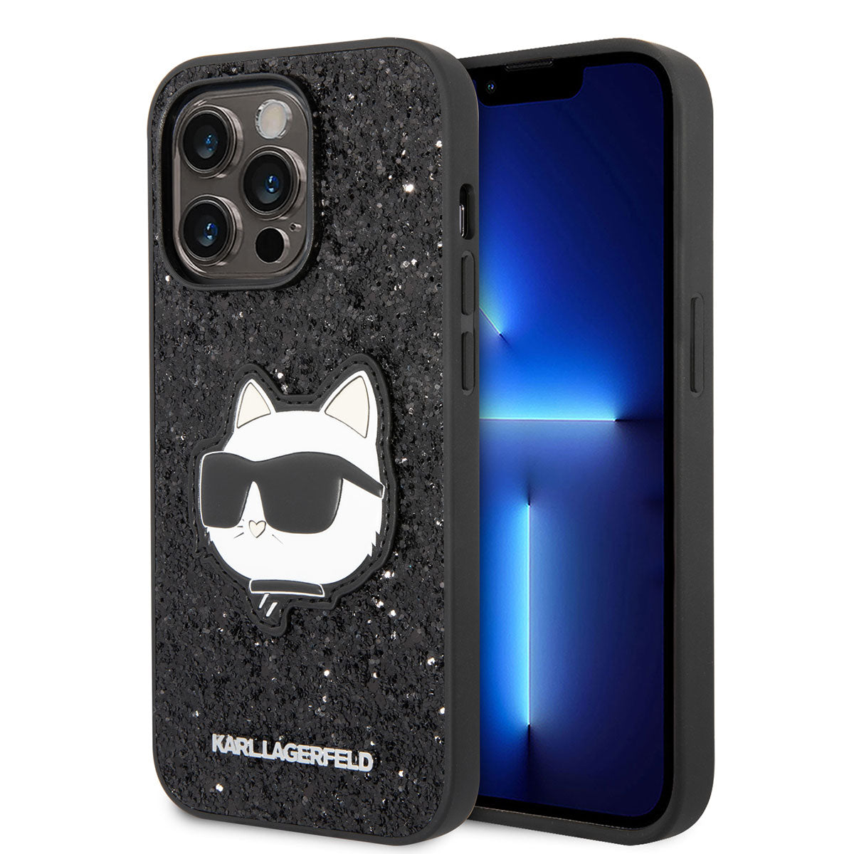 iPhone 14 Pro Kılıf Karl Lagerfeld Parlak Taşlı Choupette Dizayn Kılıf Siyah