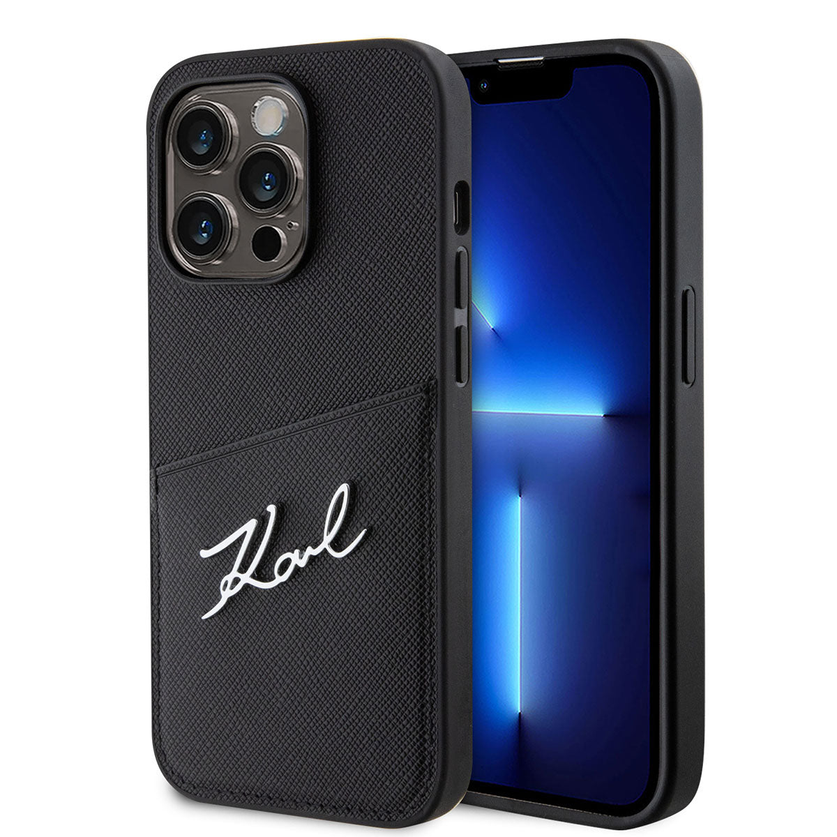 iPhone 14 Pro Kılıf Karl Lagerfeld Saffiano Deri Kartlıklı Dizayn Kılıf Siyah