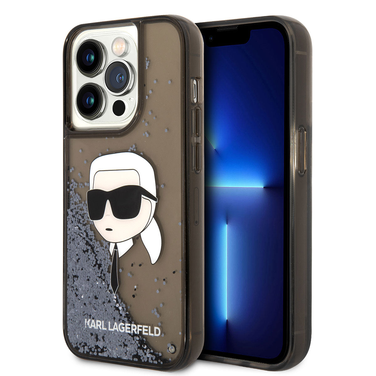 iPhone 14 Pro Kılıf Karl Lagerfeld Sıvılı Simli Karl Head Dizayn Kılıf Siyah