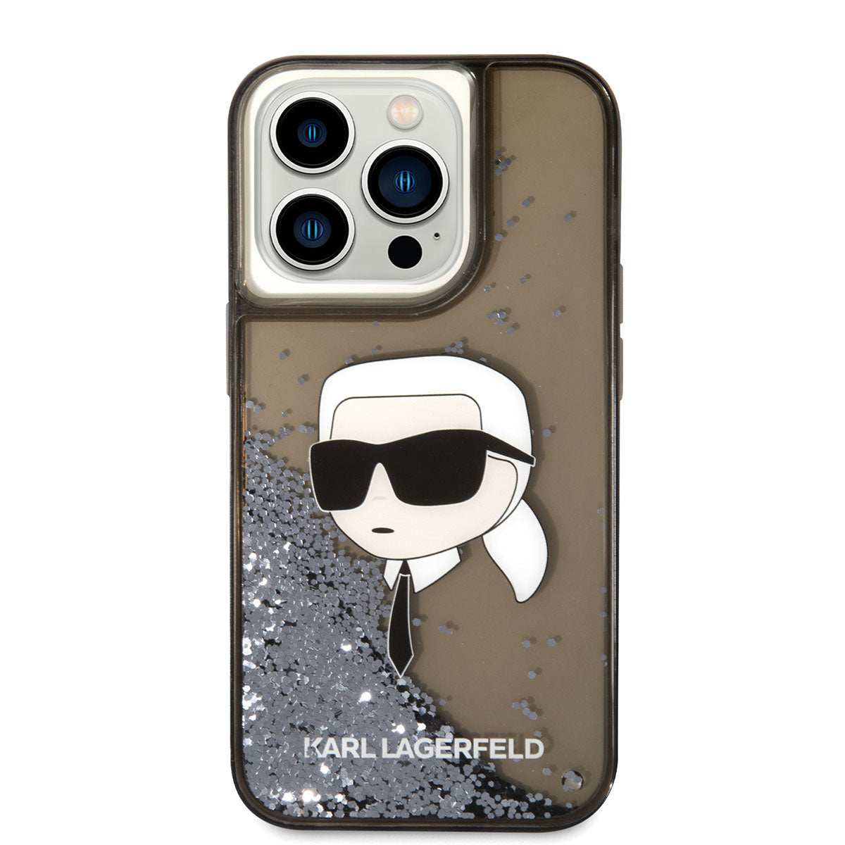iPhone 14 Pro Kılıf Karl Lagerfeld Sıvılı Simli Karl Head Dizayn Kılıf Siyah
