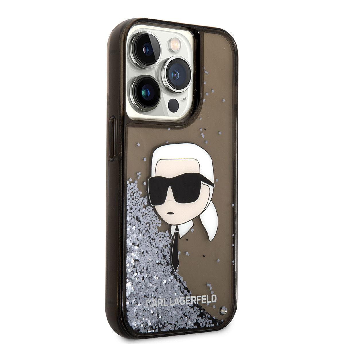 iPhone 14 Pro Kılıf Karl Lagerfeld Sıvılı Simli Karl Head Dizayn Kılıf Siyah