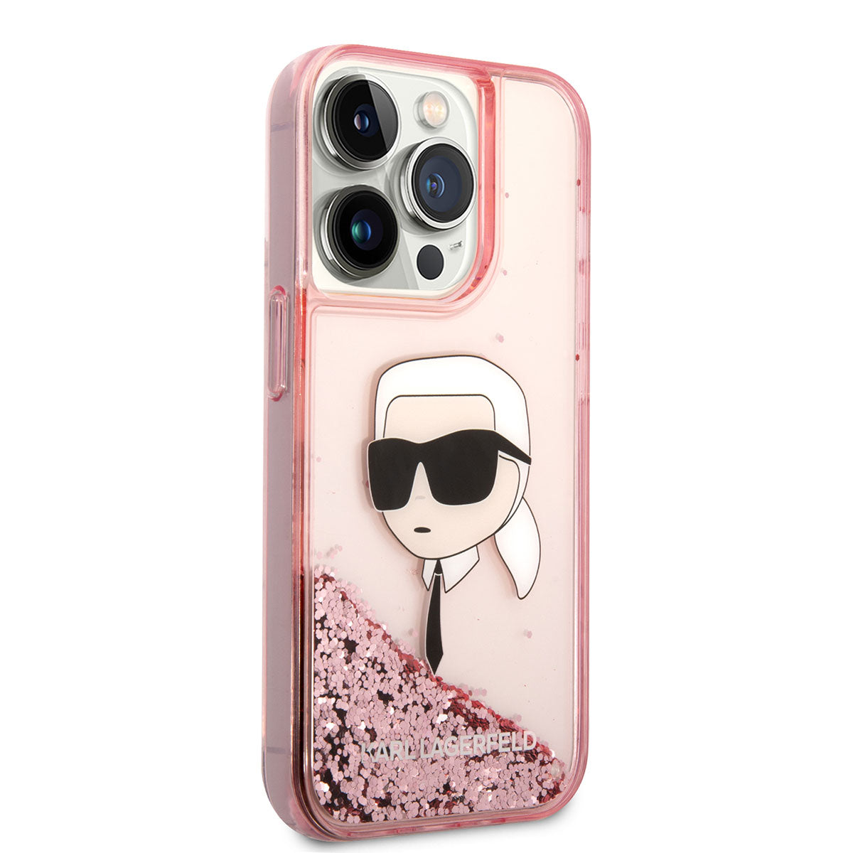 iPhone 14 Pro Kılıf Karl Lagerfeld Sıvılı Simli Karl Head Dizayn Kılıf Pembe