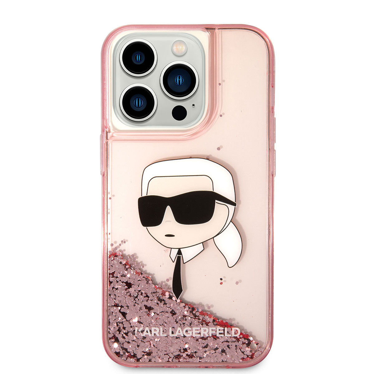 iPhone 14 Pro Kılıf Karl Lagerfeld Sıvılı Simli Karl Head Dizayn Kılıf Pembe