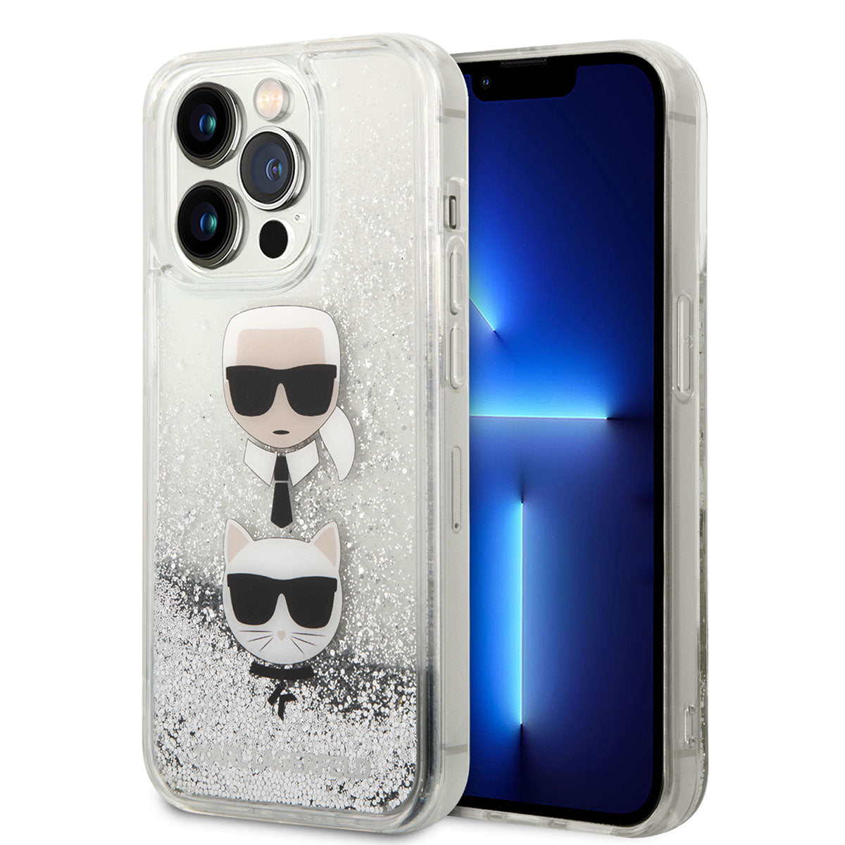 iPhone 14 Pro Kılıf Karl Lagerfeld Sıvılı Simli K&C Head Dizayn Kılıf Gümüş