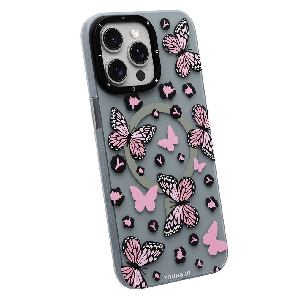 iPhone 14 Pro Kılıf Magsafe Şarj Özellikli Kelebek Desenli Youngkit Shadow Dance Serisi Kılıf Pembe