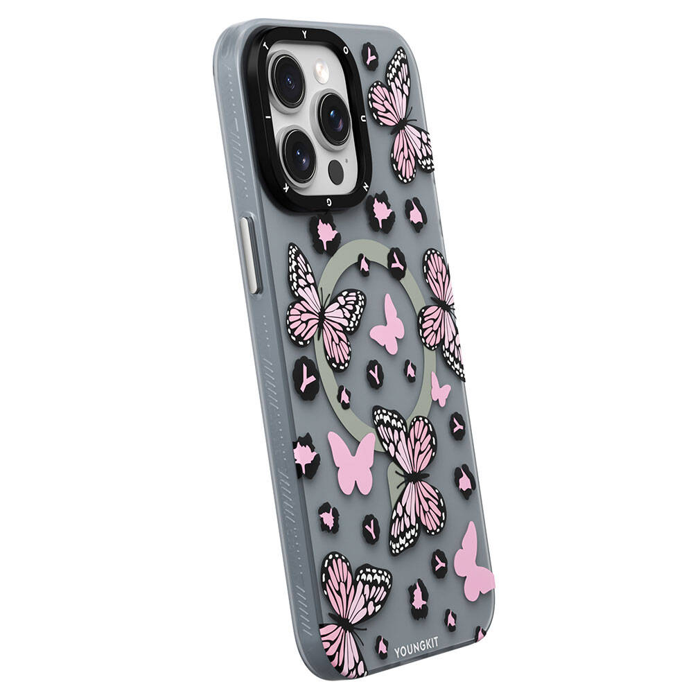 iPhone 14 Pro Kılıf Magsafe Şarj Özellikli Kelebek Desenli Youngkit Shadow Dance Serisi Kılıf Siyah