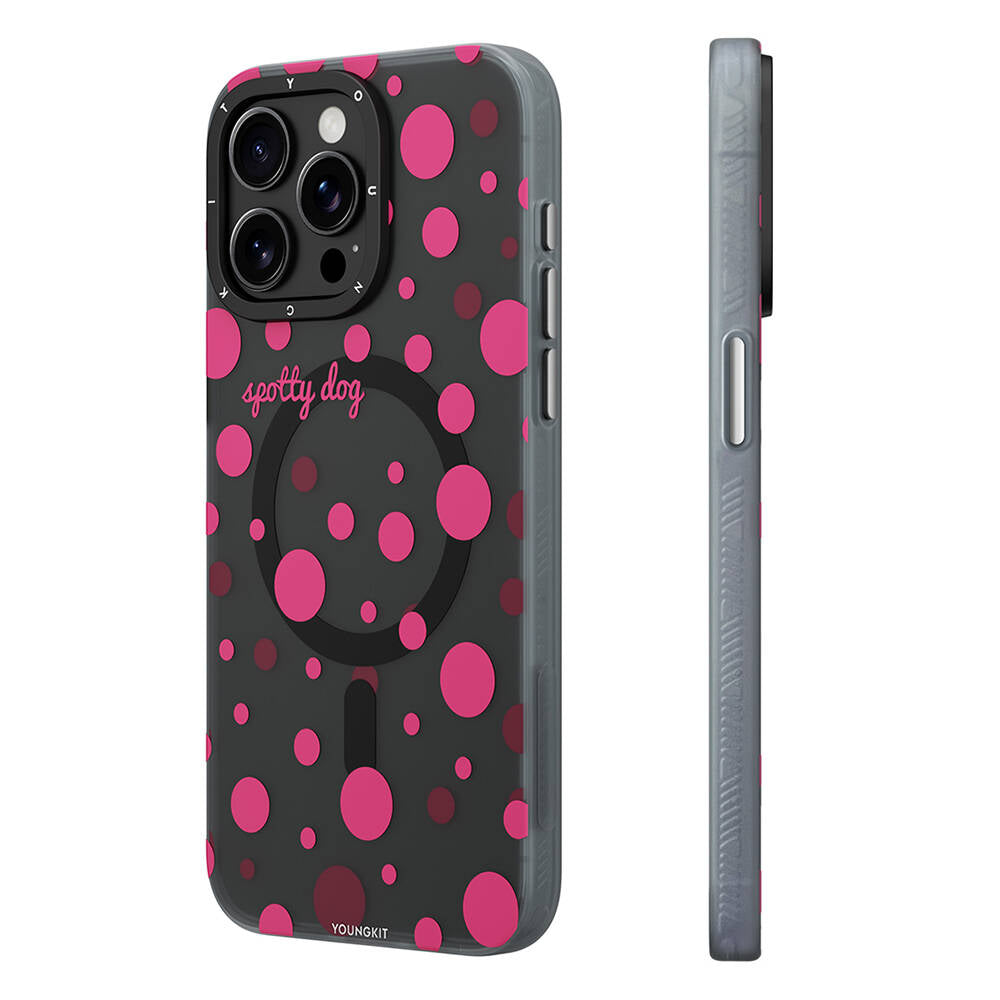 iPhone 14 Pro Kılıf Magsafe Şarj Özellikli Polka Dot Desenli Youngkit Spots Serisi Kılıf Gri