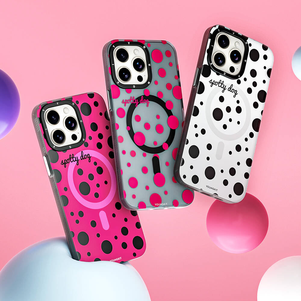 iPhone 14 Pro Kılıf Magsafe Şarj Özellikli Polka Dot Desenli Youngkit Spots Serisi Kılıf Gri