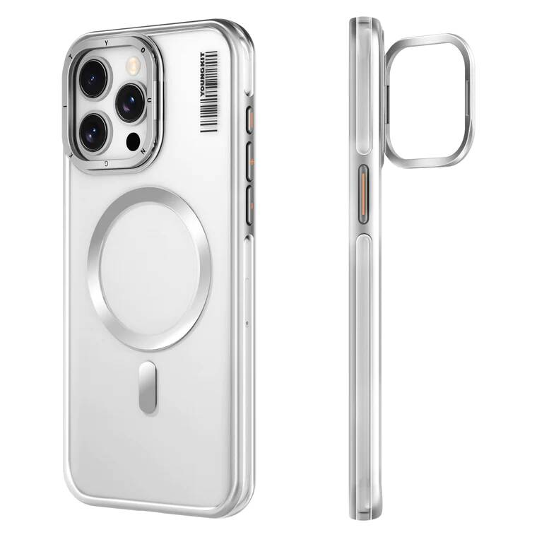 iPhone 14 Pro Kılıf Magsafe Şarj Özellikli Sararma Önleyici Youngkit Crystal Grid Kılıf Gümüş