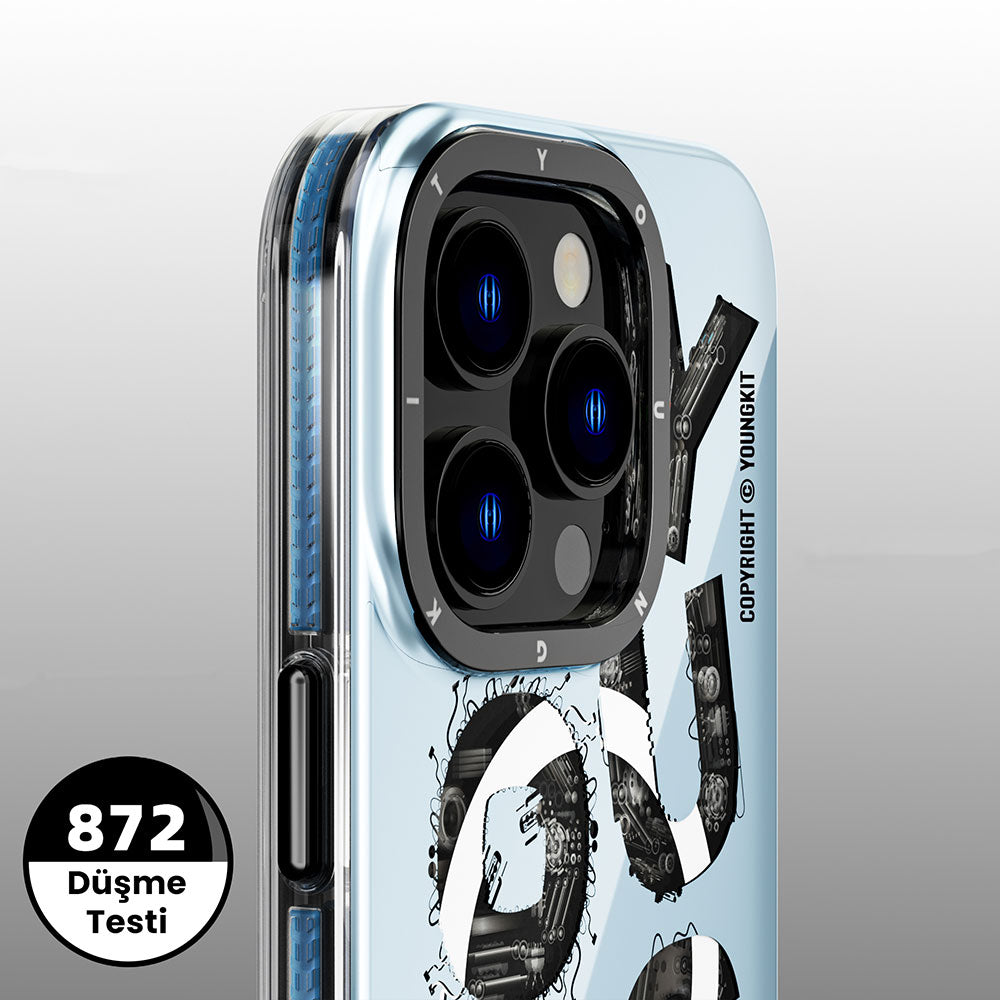 iPhone 14 Pro Kılıf Magsafe Şarj Özellikli Yazı Temalı YoungKit Mechanic Serisi Kılıf Mavi