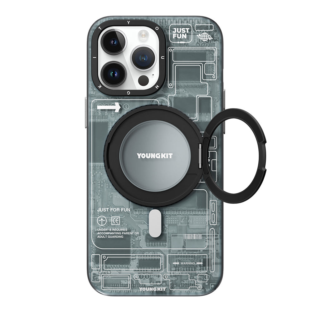iPhone 14 Pro Kılıf Magsafe Şarj Özellikli Youngkit 360° Standlı Technology Serisi Kılıf Mavi