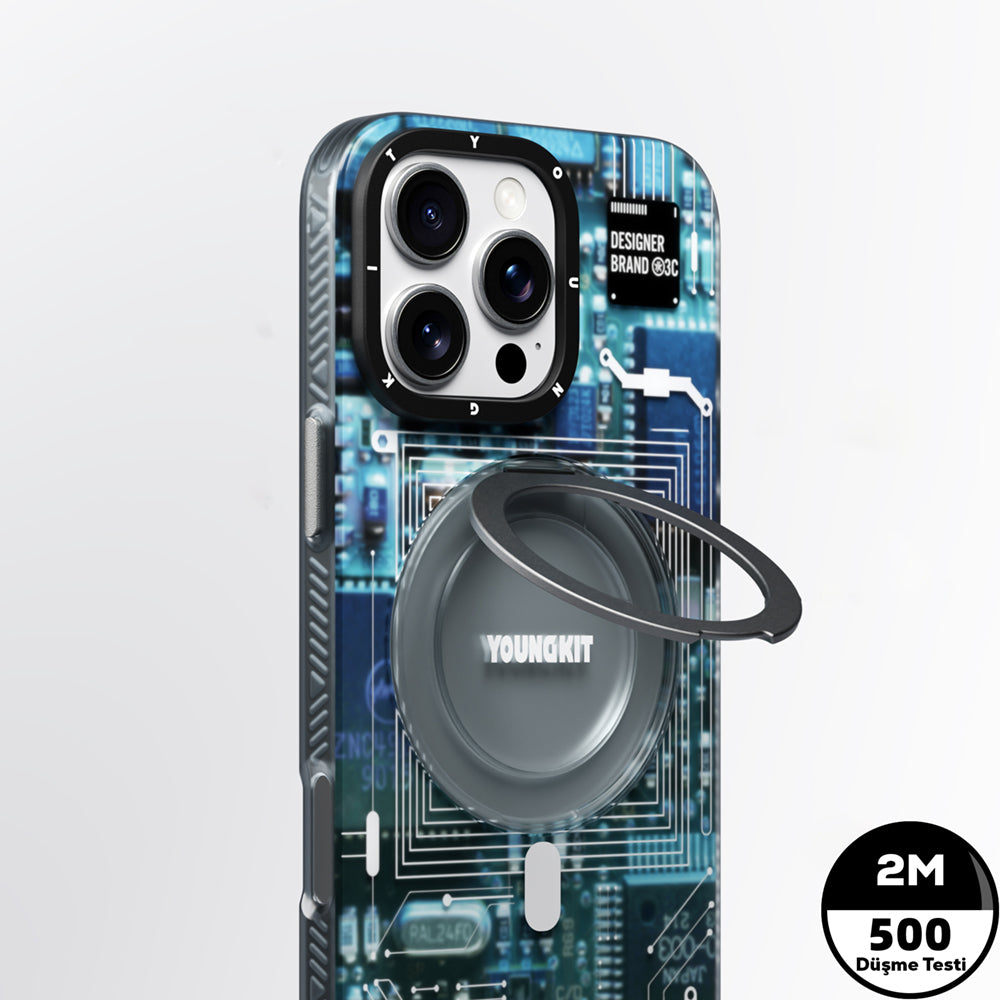 iPhone 14 Pro Kılıf Magsafe Şarj Özellikli Youngkit 360° Standlı Technology Serisi Kılıf Mavi