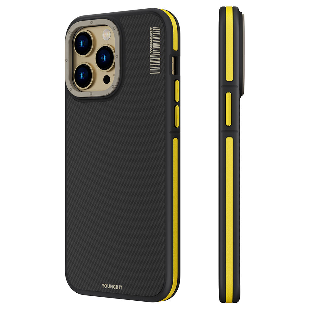 iPhone 14 Pro Kılıf Magsafe Şarj Özellikli YoungKit 600D Kevlar Kılıf Sarı