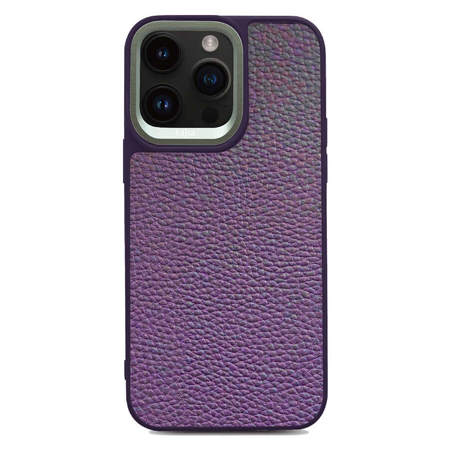 iPhone 14 Pro Kılıf Soft Deri Metal Kamera Çerçeveli Kajsa Litchi Kılıf Mor