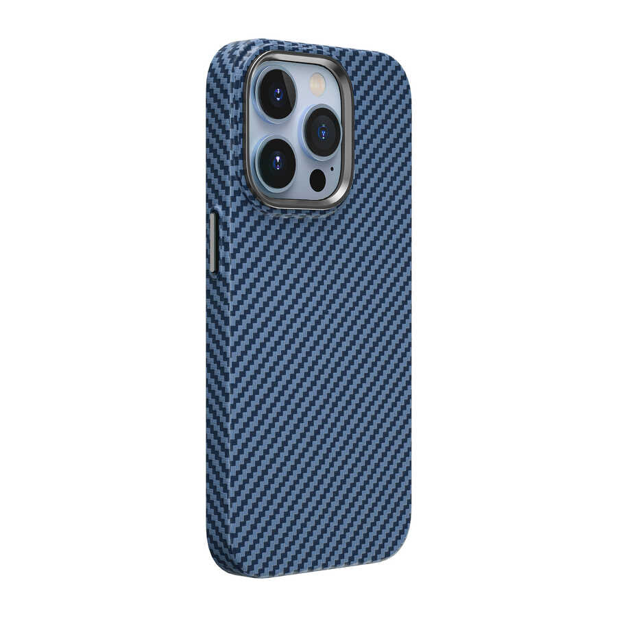 iPhone 14 Pro Kılıf Wiwu Karbon Fiber Görünümlü Magsafe Wireless Şarj Özellikli Kabon Kılıf Mavi