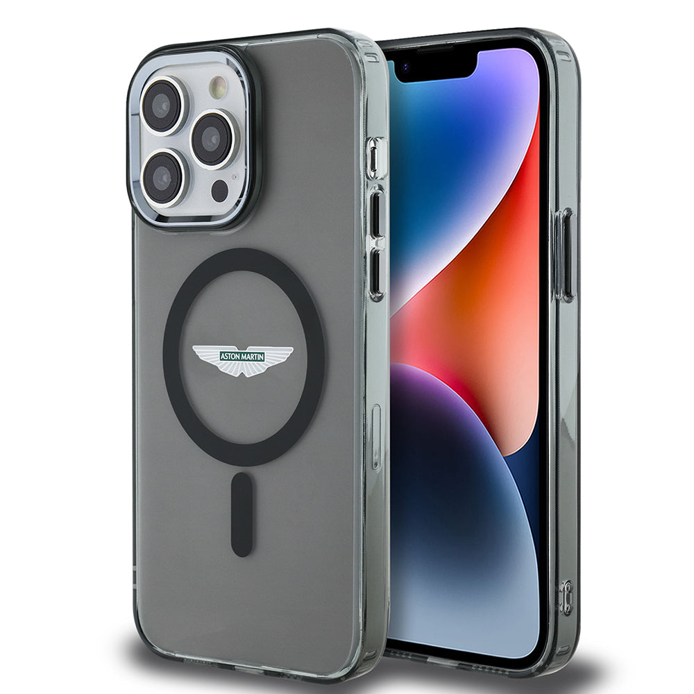 Apple iPhone 14 Pro Max Kılıf Aston Martin Orjinal Lisanslı Magsafe Şarj Özellikli  IML Baskı Logolu Metal Düğmeli Kapak Siyah