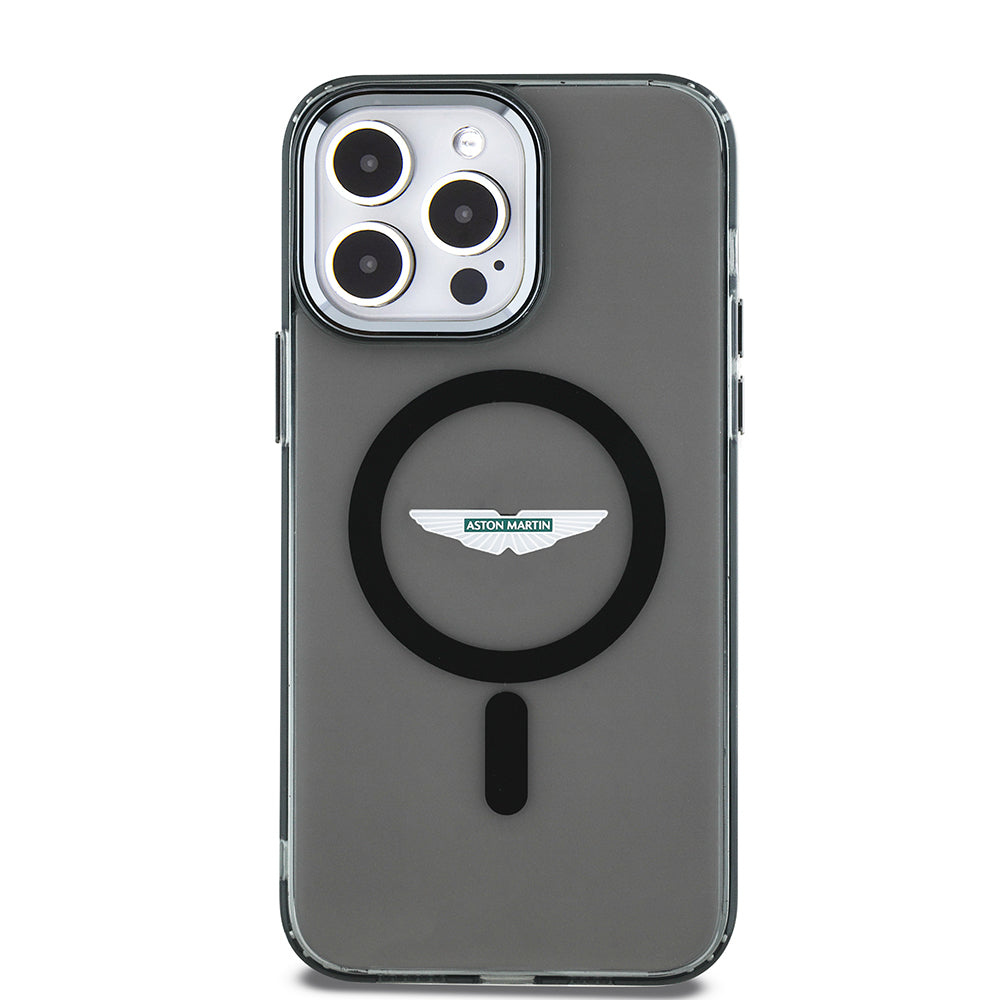 Apple iPhone 14 Pro Max Kılıf Aston Martin Orjinal Lisanslı Magsafe Şarj Özellikli  IML Baskı Logolu Metal Düğmeli Kapak Siyah