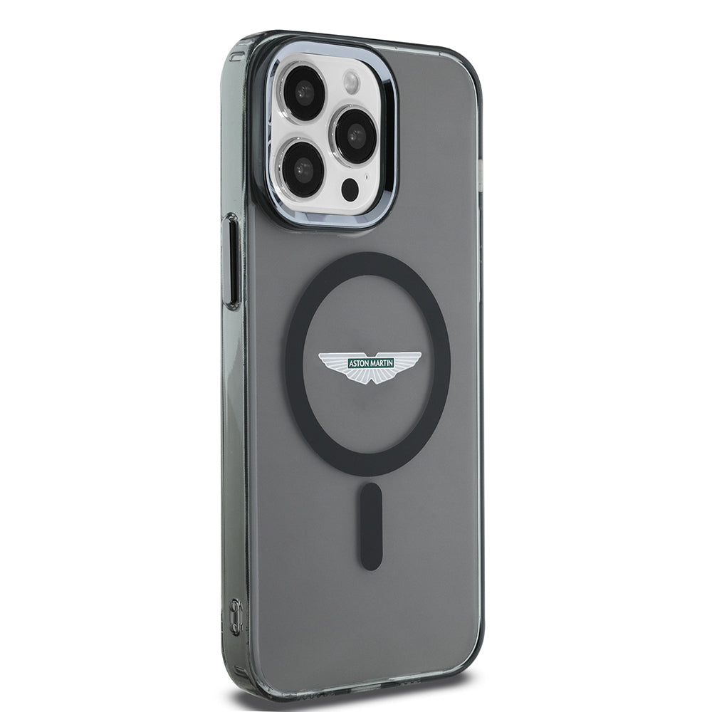 Apple iPhone 14 Pro Max Kılıf Aston Martin Orjinal Lisanslı Magsafe Şarj Özellikli  IML Baskı Logolu Metal Düğmeli Kapak Siyah