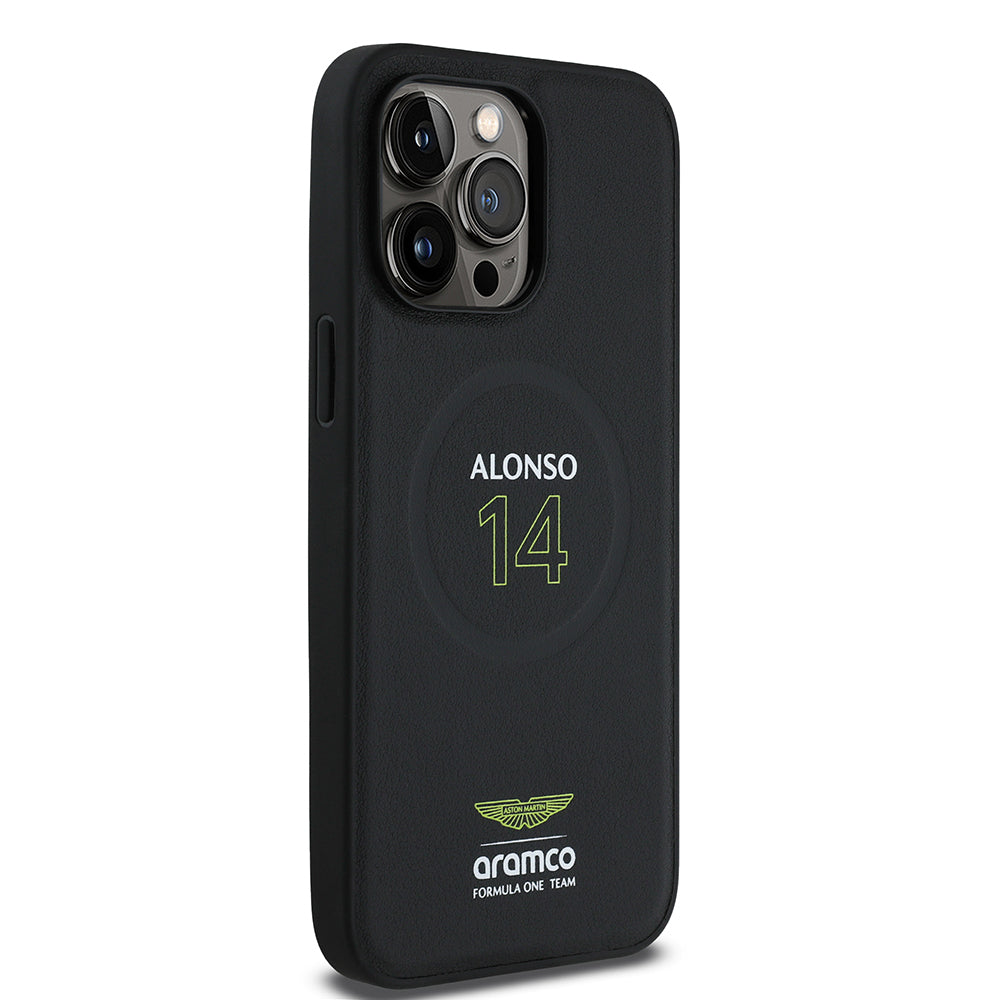 Apple iPhone 14 Pro Max Kılıf Aston Martin Orjinal Lisanslı Magsafe Şarj Özellikli PU Deri Alonso 14 Baskılı Kapak Siyah