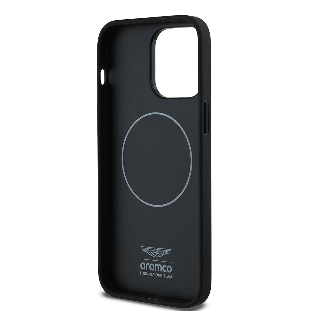Apple iPhone 14 Pro Max Kılıf Aston Martin Orjinal Lisanslı Magsafe Şarj Özellikli PU Deri Alonso 14 Baskılı Kapak Siyah
