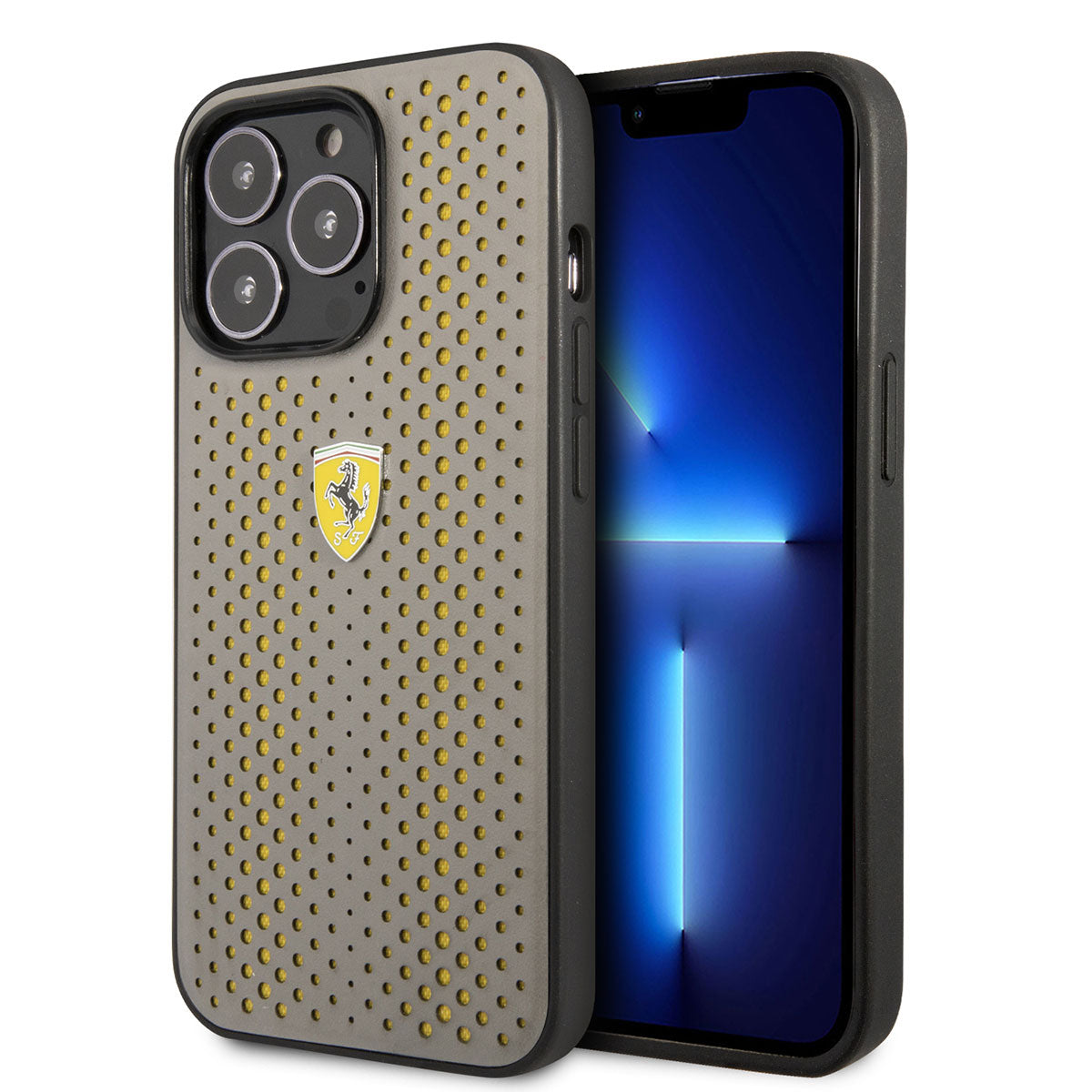 iPhone 14 Pro Max Kılıf Ferrari Deri Sarı Noktalı Dizayn Kılıf Sarı