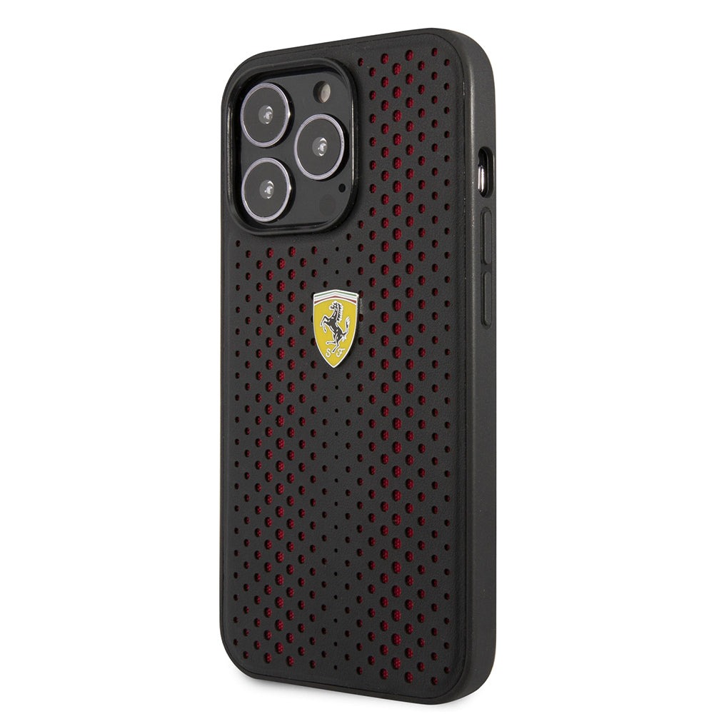 iPhone 14 Pro Max Kılıf Ferrari Deri Sarı Noktalı Dizayn Kılıf Kırmızı