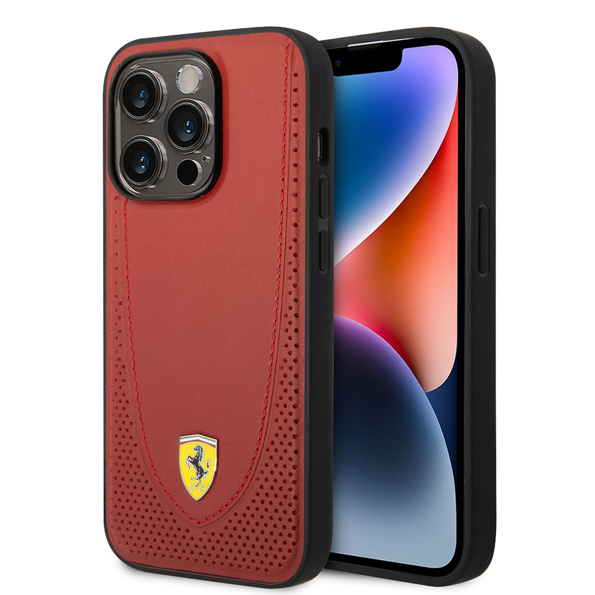 iPhone 14 Pro Max Kılıf Ferrari Magsafe Şarj Özellikli Deri Delikli Dikişli Dizayn Kılıf Kırmızı