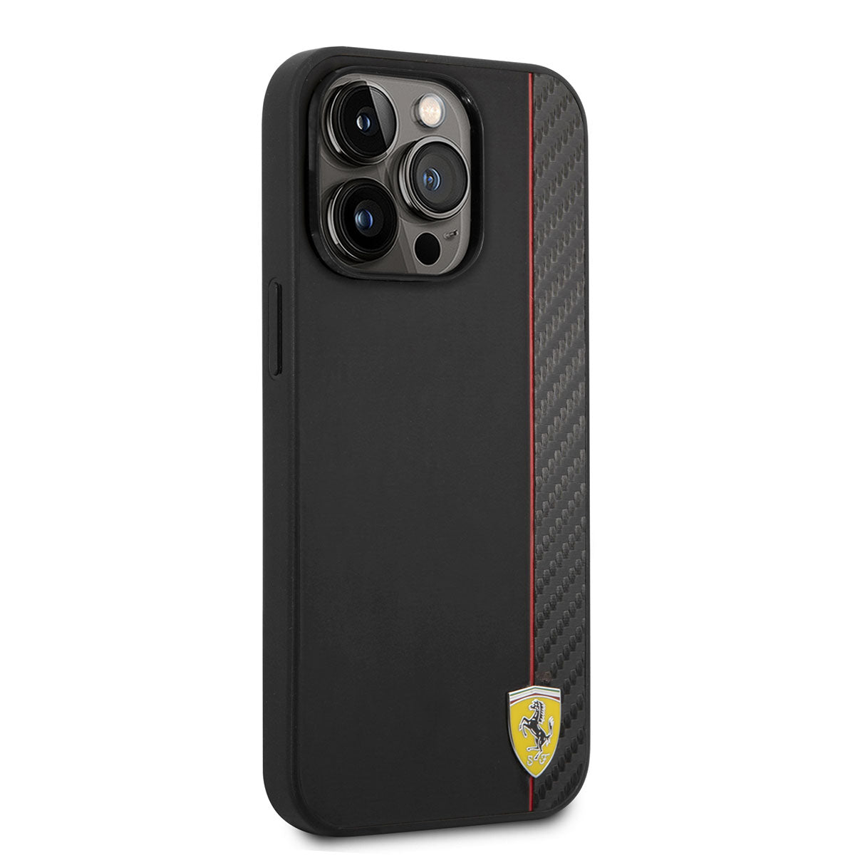 iPhone 14 Pro Max Kılıf Ferrari Magsafe Şarj Özellikli Pu Deri Ve Karbon Şeritli Dizayn Kılıf Siyah