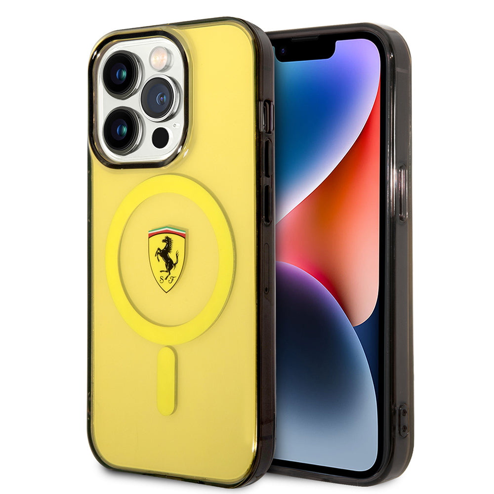 iPhone 14 Pro Max Kılıf Ferrari Magsafe Şarj Özellikli Yarı Transparan Dizayn Kılıf Sarı