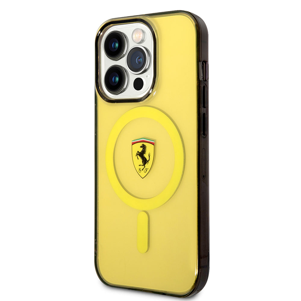 iPhone 14 Pro Max Kılıf Ferrari Magsafe Şarj Özellikli Yarı Transparan Dizayn Kılıf Sarı