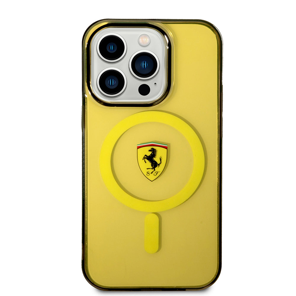 iPhone 14 Pro Max Kılıf Ferrari Magsafe Şarj Özellikli Yarı Transparan Dizayn Kılıf Sarı