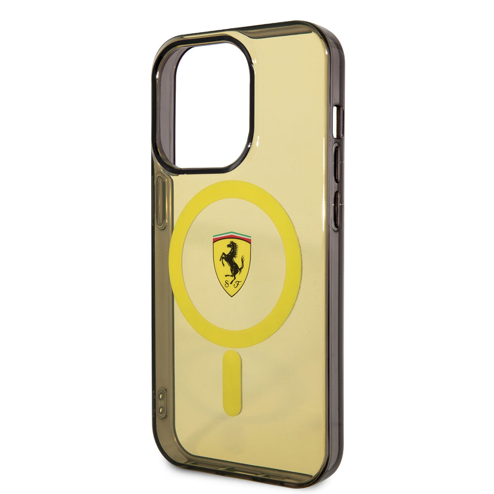 iPhone 14 Pro Max Kılıf Ferrari Magsafe Şarj Özellikli Yarı Transparan Dizayn Kılıf Sarı