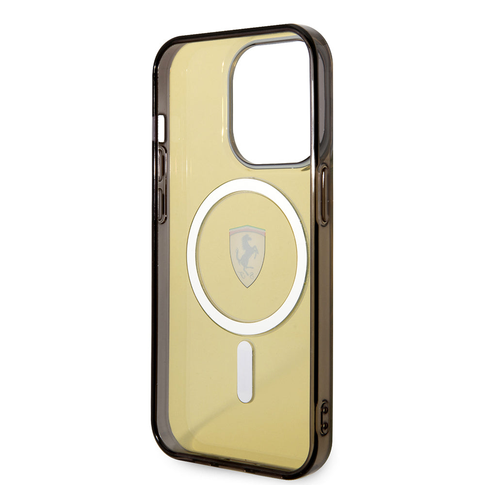 iPhone 14 Pro Max Kılıf Ferrari Magsafe Şarj Özellikli Yarı Transparan Dizayn Kılıf Sarı