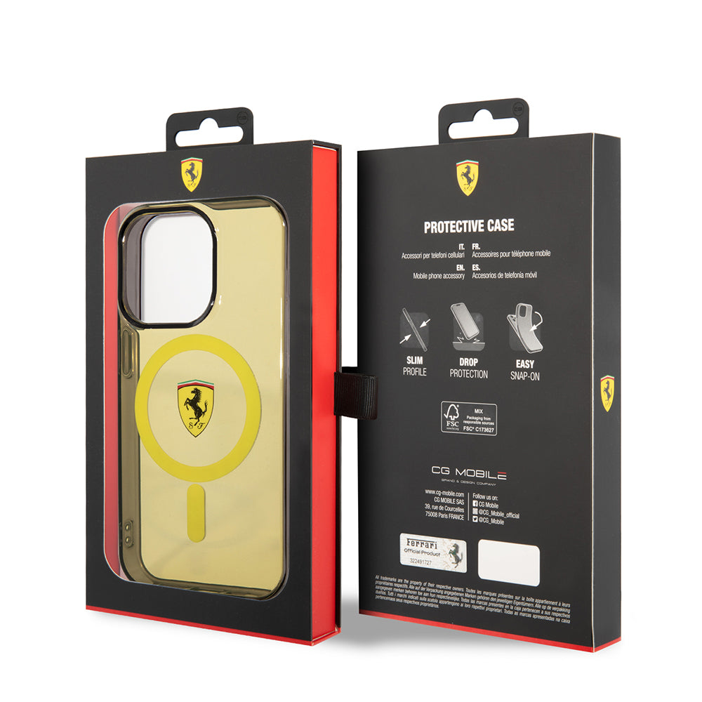 iPhone 14 Pro Max Kılıf Ferrari Magsafe Şarj Özellikli Yarı Transparan Dizayn Kılıf Sarı