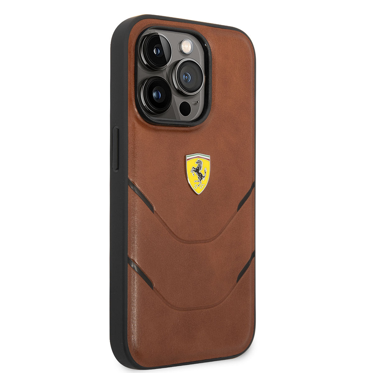 iPhone 14 Pro Max Kılıf Ferrari Orjinal Lisanslı PU Deri Sıcak Baskı Çizgili Dizayn Kılıf Kahverengi