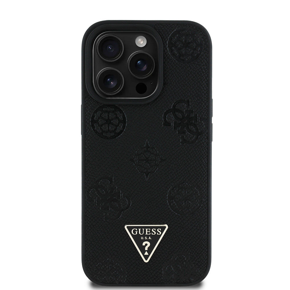 Apple iPhone 14 Pro Max Kılıf Guess Orjinal Lisanslı M-safe Şarj Özellikli Sıcak Baskılı Üçgen Logolu PU Deri Peony Kapak Siyah
