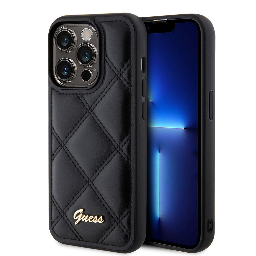 Apple iPhone 14 Pro Max Kılıf Guess Orjinal Lisanslı PU Deri Metal Yazı Logolu Kapitone Kapak Siyah